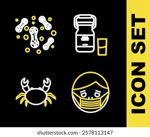Set line Can container for milk, Face protective mask, Crab and Bacteria icon. Vector