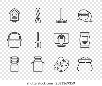 Set line Can container for milk, Full sack, Garden rake, Bird house, pitchfork, Potato and Fertilizer bag icon. Vector