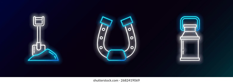 Set line Can container for milk, Shovel the ground and Horseshoe icon. Glowing neon. Vector