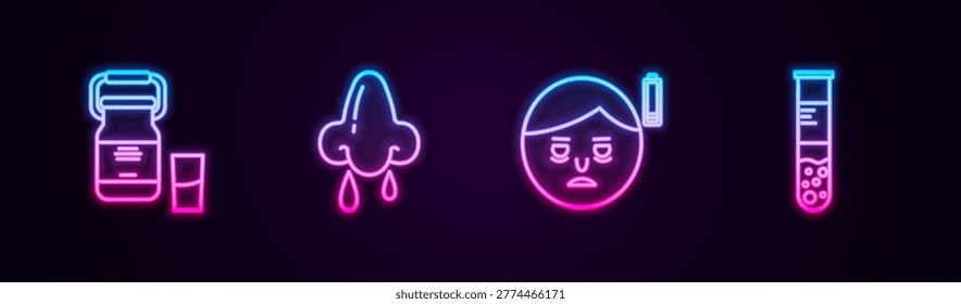 Set line Can container for milk, Runny nose, Fatigue and Test tube and flask. Glowing neon icon. Vector