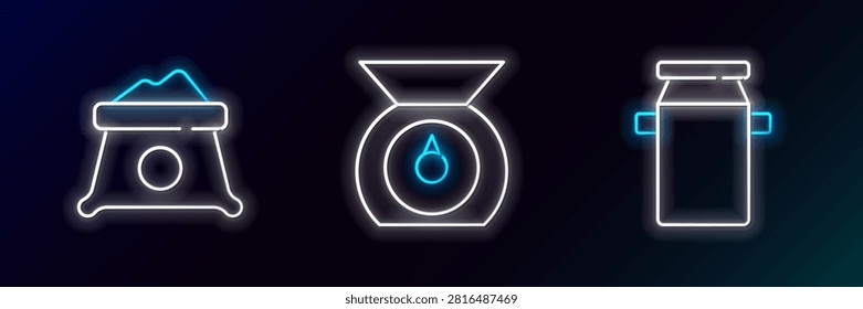 Set line Can container for milk, Bag of flour and Scales icon. Glowing neon. Vector