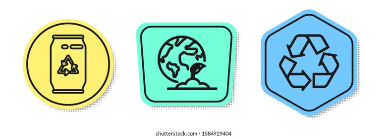 Set line Can with recycle symbol and can, Earth globe and plant and Recycle symbol. Colored shapes. Vector
