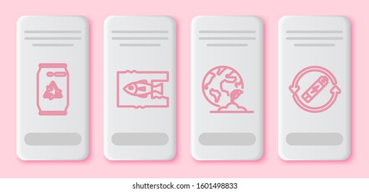Set line Can with recycle symbol and can, Stop ocean plastic pollution, Earth globe and plant and Battery with recycle symbol line. White rectangle button. Vector