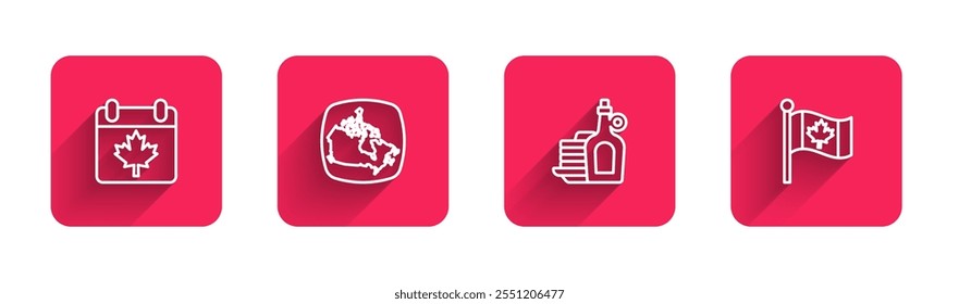 Set line Canada day with maple leaf, Syrup pancakes and Flag of with long shadow. Red square button. Vector