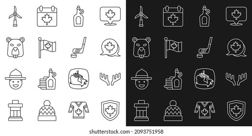 Set line Canada flag on shield, Deer antlers, Canadian maple leaf, Bottle of syrup, Flag, Beaver animal, Wind turbine and Ice hockey stick and puck icon. Vector