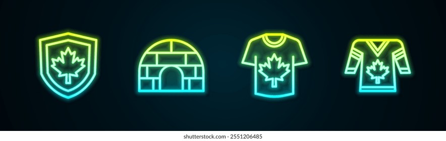 Definir a bandeira do Canadá no escudo, Igloo casa de gelo, camisa de hóquei e . Ícone de néon brilhante. Vetor