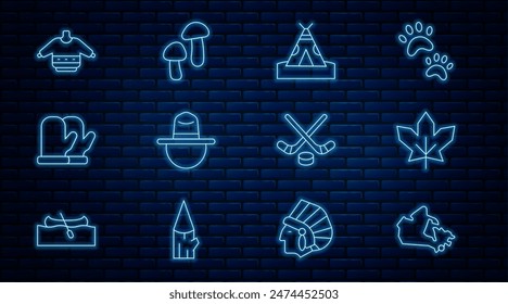 Set line Canada map, Canadian maple leaf, Indian teepee or wigwam, ranger hat, Christmas mitten, sweater, Ice hockey sticks and puck and Mushroom icon. Vector