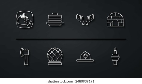 Set line Canada map, Wooden axe, Igloo ice house, Canadian ranger hat, Montreal Biosphere, Stack of pancakes, TV CN Tower in Toronto and Deer antlers icon. Vector