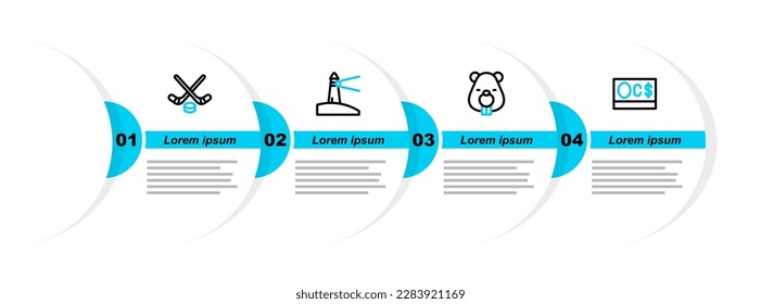 Set line Canadian dollar, Beaver animal, Lighthouse and Ice hockey sticks and puck icon. Vector
