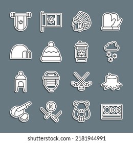 Set line Canadian dollar, Tree stump, Cloud with snow, Native American Indian, Beanie hat, Igloo ice house, Pennant Canada and Coffee cup to go icon. Vector