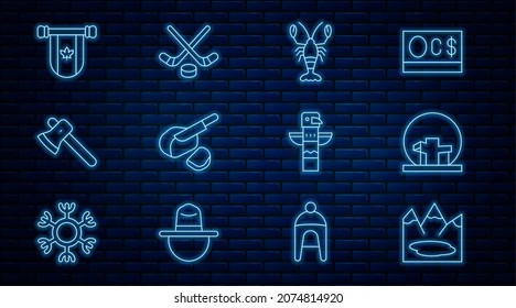 Set line Canadian lake, Montreal Biosphere, Lobster, Peameal bacon, Wooden axe, Pennant Canada, totem pole and Ice hockey sticks and puck icon. Vector