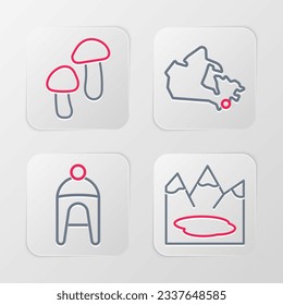 Set line Canadian lake, Winter hat, Canada map and Mushroom icon. Vector