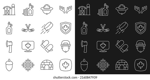 Set line Canadian maple leaf, Hockey helmet, Canada flag on shield, ranger hat, Ice hockey sticks, Bottle of syrup, Farm house and puck icon. Vector