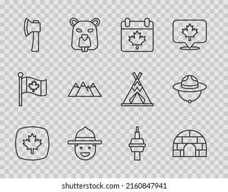 Línea de hoja de arce canadiense, helado Igloo, día de Canadá con, sombrero de guardabosques, hacha de madera, montañas, TV CN Tower Toronto e ícono. Vector