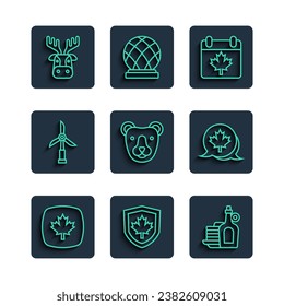 Set line Canadian maple leaf, Canada flag on shield, Syrup with pancakes, day, Bear head, Wind turbine, Deer antlers and  icon. Vector
