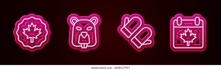 Setzen Sie Linie Kanadisches Ahornblatt, Biber Tier, Weihnachtsfausthandschuh und Kanada Tag mit. Leuchtendes Neon-Symbol. Vektor