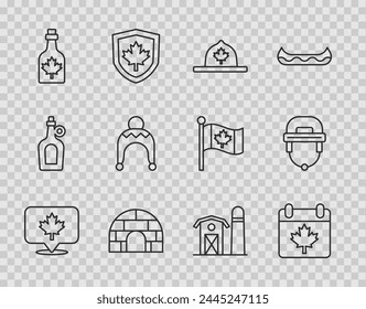 Set line Canadian maple leaf, Canada day with, ranger hat, Igloo ice house, Bottle of syrup, Winter, Farm and Hockey helmet icon. Vector