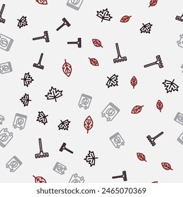 Fijar la hoja de arce canadiense, rastrillo de jardín, calendario con hojas de otoño y hoja en patrón sin fisuras. Vector