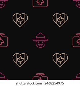 Set line Canadian maple leaf, Heart shaped Canada flag and ranger hat on seamless pattern. Vector