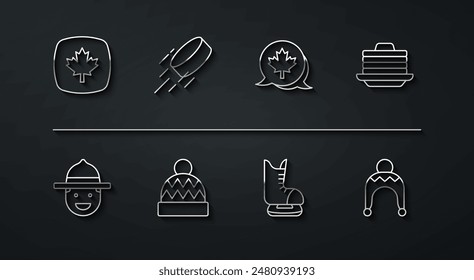 Set line Canadian maple leaf, ranger hat, Stack of pancakes, Skates, Beanie, Hockey puck, Winter and  icon. Vector