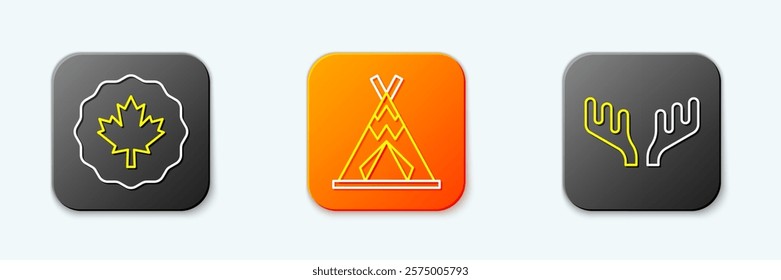 Set line Canadian maple leaf, Indian teepee or wigwam and Deer antlers icon. Vector