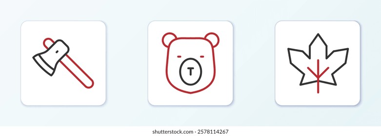 Set line Canadian maple leaf, Wooden axe and Bear head icon. Vector