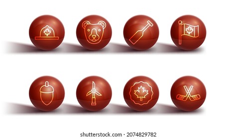 Set line Canadian ranger hat, Acorn, Flag of Canada, maple leaf, Wind turbine, Bear head, Ice hockey sticks and Paddle icon. Vector