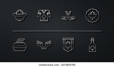 Set line Canadian ranger hat, Stone for curling, maple leaf, Pennant flag of Canada, Deer antlers, Hockey jersey, Bottle syrup and Ice hockey sticks icon. Vector