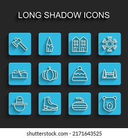 Set line Canadian ranger hat, Skates, Wooden axe, Stone for curling, Bear head, Pumpkin, Capilano Suspension Bridge and Beanie icon. Vector