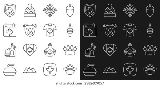 Set line Canadian ranger hat, Bear paw footprint, TV CN Tower Toronto, Snowflake, head, Canada day with maple leaf, flag shield and Hockey jersey icon. Vector