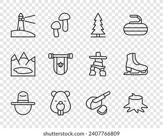 Set line Canadian ranger hat, Tree stump, spruce, Beaver animal, Lighthouse, Pennant Canada, Peameal bacon and Skates icon. Vector