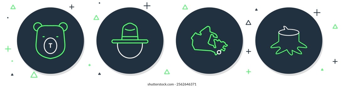 Set line Canadian ranger hat, Canada map, Bear head and Tree stump icon. Vector