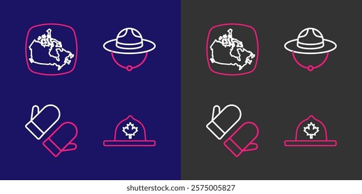 Set line Canadian ranger hat, Christmas mitten,  and Canada map icon. Vector