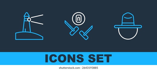 Set line Canadian ranger hat, Lighthouse and Curling sport game icon. Vector