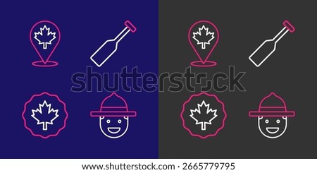 Set line Canadian ranger hat, maple leaf, Paddle and Mountains icon. Vector