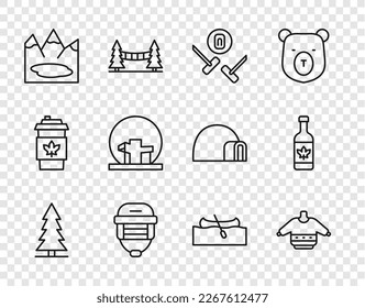 Set line Canadian spruce, Christmas sweater, Curling sport game, Hockey helmet, lake, Montreal Biosphere, Kayak canoe and Beer bottle icon. Vector