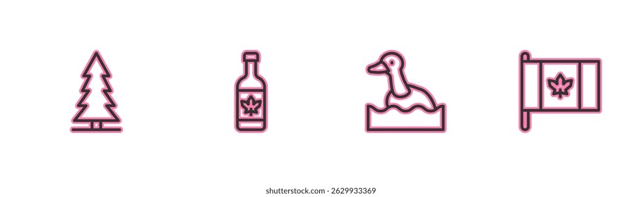Set line Canadian spruce, Flying duck, Beer bottle and Flag of Canada icon. Vector