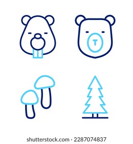 Set line Canadian spruce, Mushroom, Bear head and Beaver animal icon. Vector