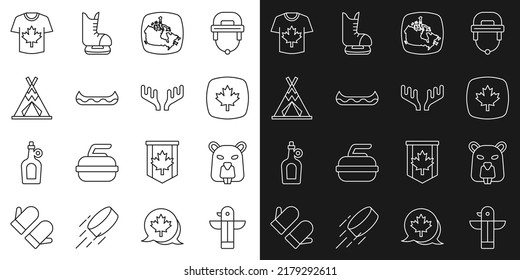 Set line Canadian totem pole, Beaver animal, maple leaf, Canada, Kayak, Indian teepee or wigwam, Hockey jersey and Deer antlers icon. Vector