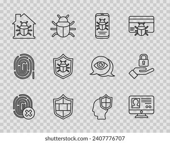 Set line Cancelled fingerprint, Create account screen, System bug on mobile, Shield with brick wall, House system, Head shield and Lock hand icon. Vector
