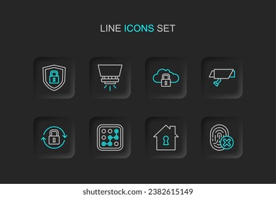 Set line Cancelled fingerprint, House under protection, Graphic password, Lock, Security camera, Cloud computing lock, Fire sprinkler system and Shield security with icon. Vector