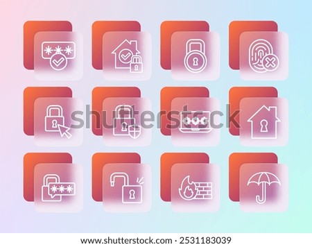 Set line Cancelled fingerprint, Open padlock, Laptop with password, Firewall, security wall, Shield, Lock, Password protection and House under icon. Vector