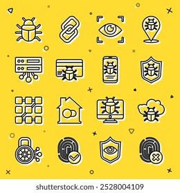 Set line Cancelled fingerprint, System bug on cloud, Eye scan, credit card, Server, Data, Web Hosting,  and mobile icon. Vector