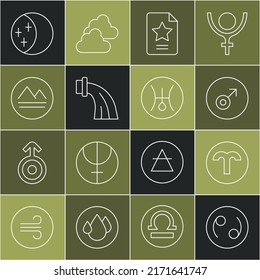Set line Cancer zodiac, Aries, Mars symbol, Star constellation, Aquarius, Earth element, Eclipse of the sun and Symbol Uranus icon. Vector