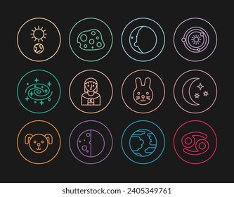 Set line Cancer zodiac, Moon and stars, Eclipse of the sun, Astrology woman, Milky way spiral galaxy, Solstice, Rabbit and Asteroid icon. Vector