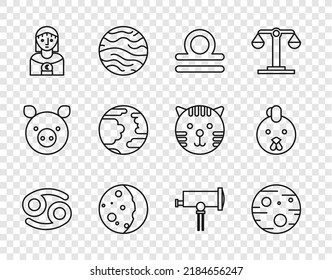 Set Line Cancer Zodiac, Planet Mars, Libra, Eclipse Of The Sun, Astrology Woman, Mercury, Telescope And Rooster Icon. Vector