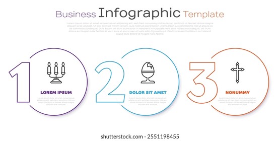 Set line Candelabrum with candlesticks, Chicken egg on a stand and Christian cross. Business infographic template. Vector