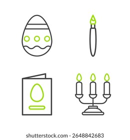 Set line Candelabrum with candlesticks, Greeting card Happy Easter, Paint brush and egg icon. Vector