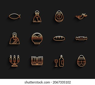 Set line Candelabrum with candlesticks, Holy bible book, Christian fish, Wine bottle glass, Easter egg, Basket easter eggs, Candy and Bread loaf icon. Vector