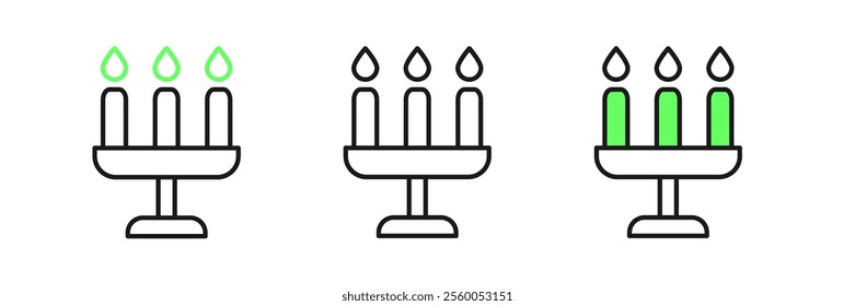 Set line Candelabrum with three candlesticks icon isolated on white background.  Vector